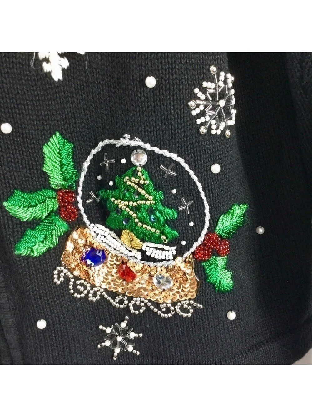 Vintage B.P. Design Beaded Snowy Christmas Snow Globe Zip Front Cardigan Size L - Picture 6 of 11